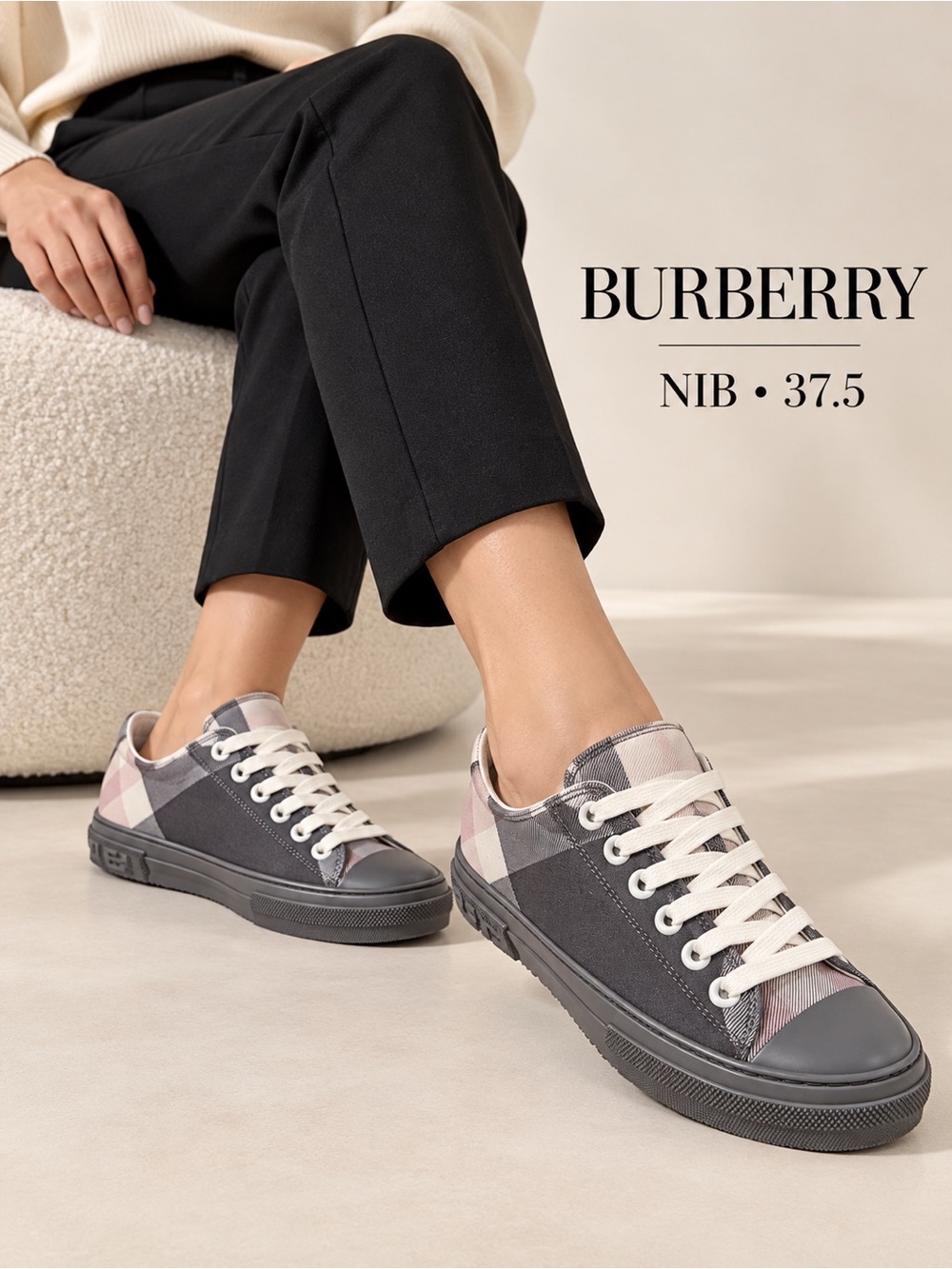 Burberry Grey and Pink Check Low-Top Sneakers